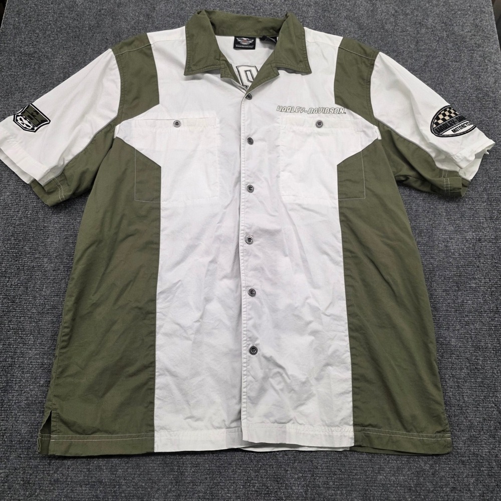 Harley-Davidson Mens Large Short Sleeve Mechanic Shirt Olive Green White Cotton